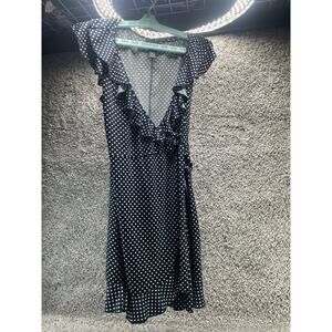 Susie Rose Polka Dot Dress Faux Wrap Front Ruched Side Tulip Size Large Blue Whi